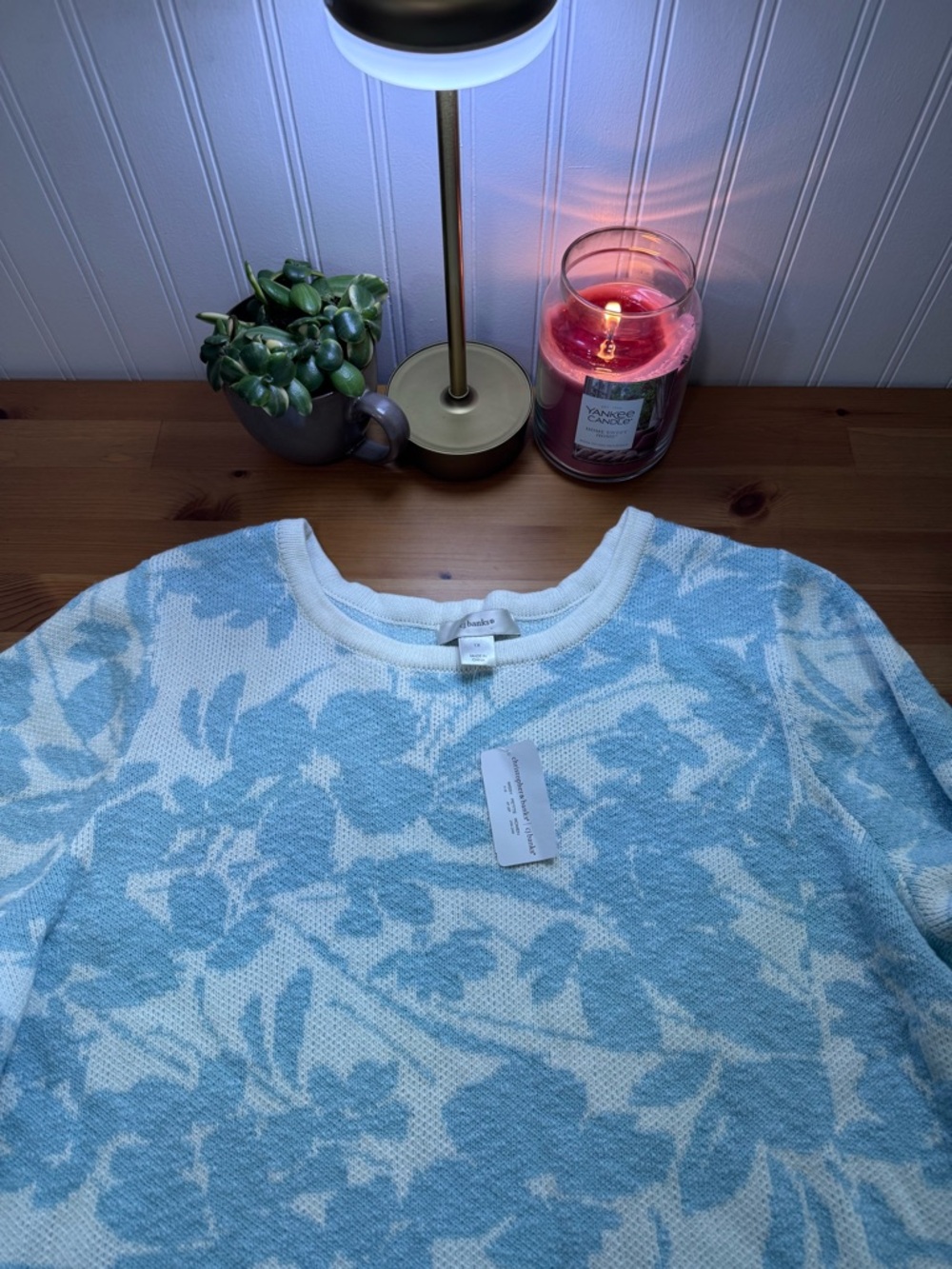 CJ Banks Light Blue and White Floral Cotton Knit Sweater Size 1X New With Tags